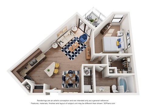 A 3D floor plan of a house with a kitchen, living room, dining room, and bedrooms.